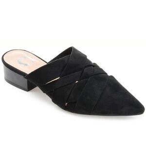 Journee Collection Kalida Crisscross Design Pointed Toe Block Heel Slip On Mules